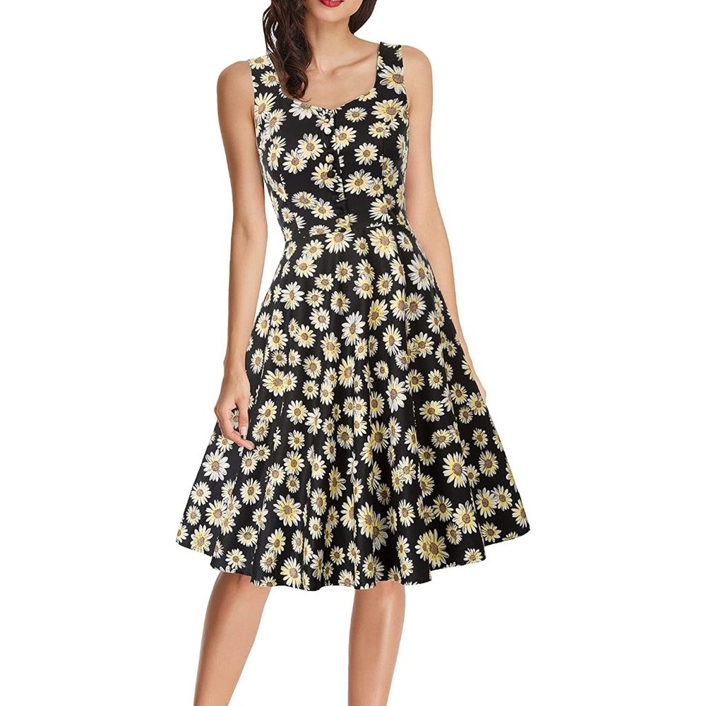 Black with Sunflowers Dress Semi Casual Formal Comfortable Retro style XL 16/18